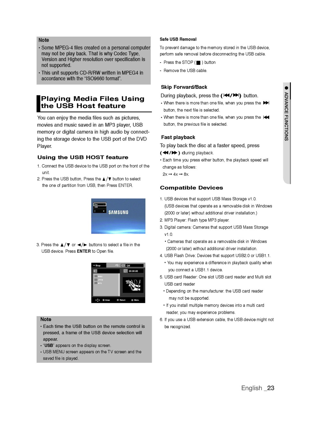 Samsung DVD-P390/XEL manual Playing Media Files Using the USB Host feature, Using the USB HOST feature, Skip Forward/Back 